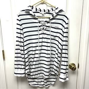 Beach Lunch Lounge Hoodie Nautical Striped Pullover Fisherman Blue White Size M